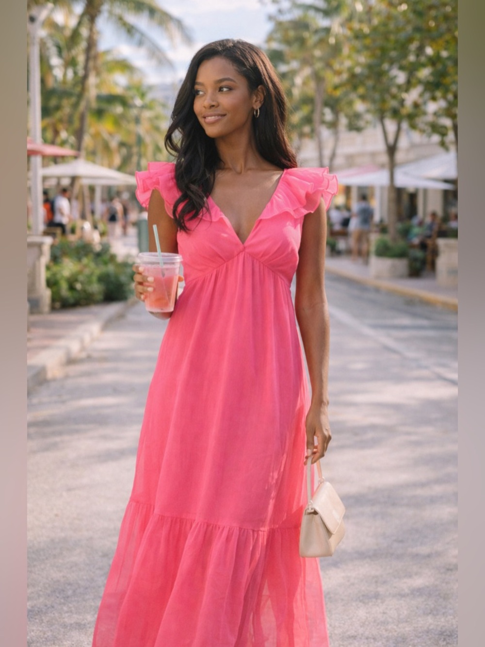 Watermelon Pink Chiffon Maxi Dress Ruffle Sleeve V-Neck Tiered Flowing